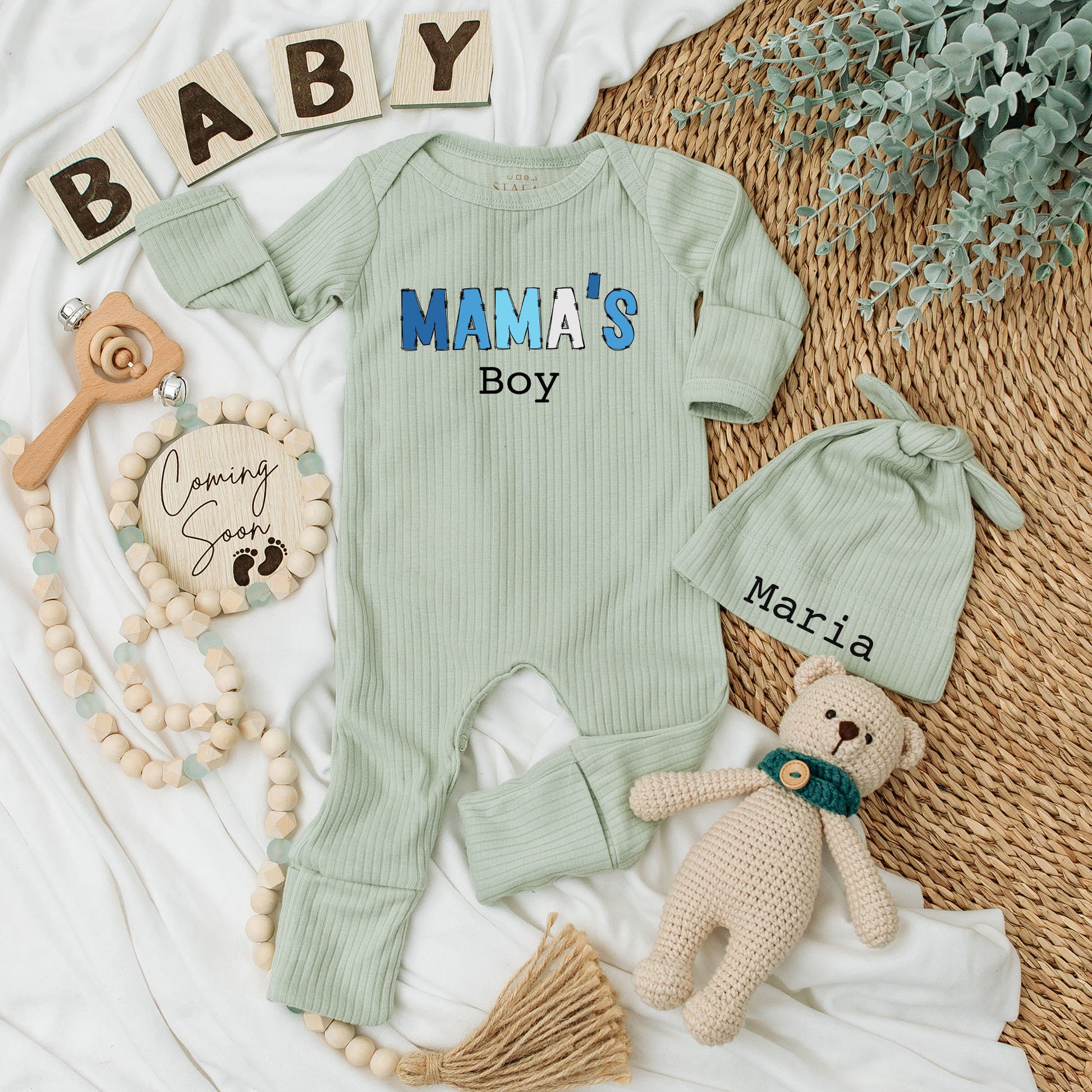 Mama's Boy Baby Bodysuit and Hat Set Long Sleeve Newborn Infant Coming Home Outfit Cozy Baby Shower Gift Announcement for Little Boys