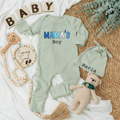 Mama's Boy Baby Bodysuit and Hat Set Long Sleeve Newborn Infant Coming Home Outfit Cozy Baby Shower Gift Announcement for Little Boys