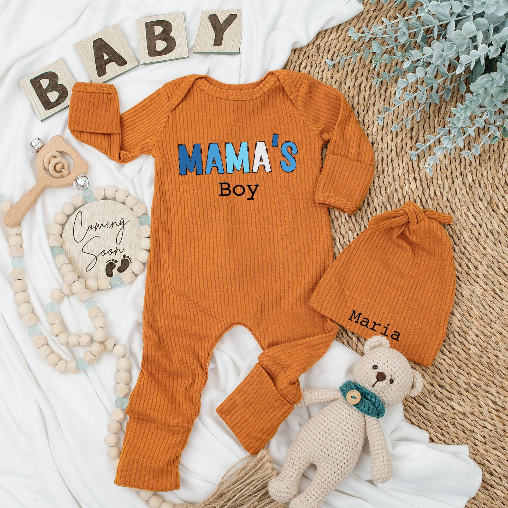 Mama's Boy Baby Bodysuit and Hat Set Long Sleeve Newborn Infant Coming Home Outfit Cozy Baby Shower Gift Announcement for Little Boys