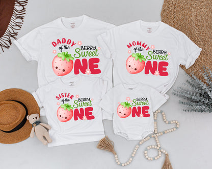 Mommy and Me Berry Sweet One First Birthday Family Shirts Cute Strawberry Celebration Outfits Daddy Sister Brother Matching Tees Soft Cotton