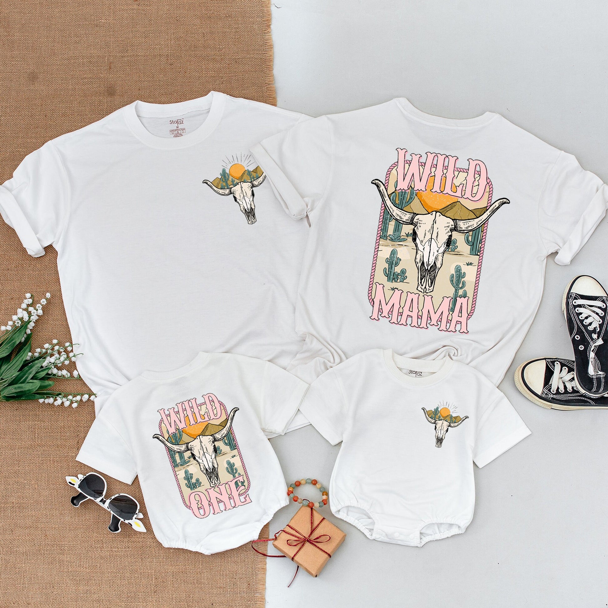 Wild One 1st Birthday Western Outfit Baby Girl Rodeo Bodysuit, Mommy and Me Shirts with Steer Skull, Cactus, Desert Sun Graphics