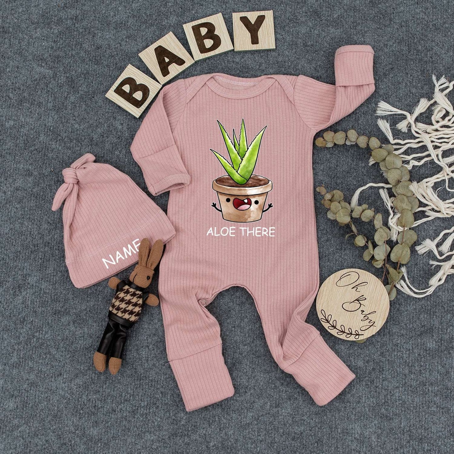 Personalized Aloe There Baby Bodysuit and Hat Set with Cute Smiling Potted Plant Custom Name Newborn Coming Home Outfit New Mom Gift