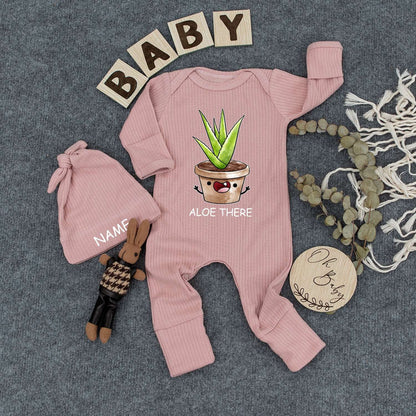 Personalized Aloe There Baby Bodysuit and Hat Set with Cute Smiling Potted Plant Custom Name Newborn Coming Home Outfit New Mom Gift