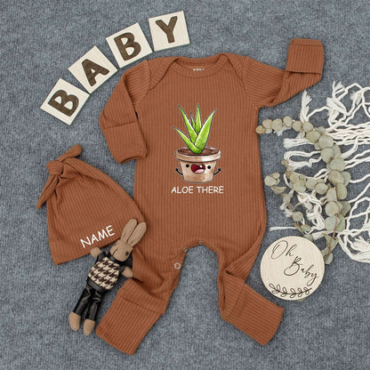 Personalized Aloe There Baby Bodysuit and Hat Set with Cute Smiling Potted Plant Custom Name Newborn Coming Home Outfit New Mom Gift