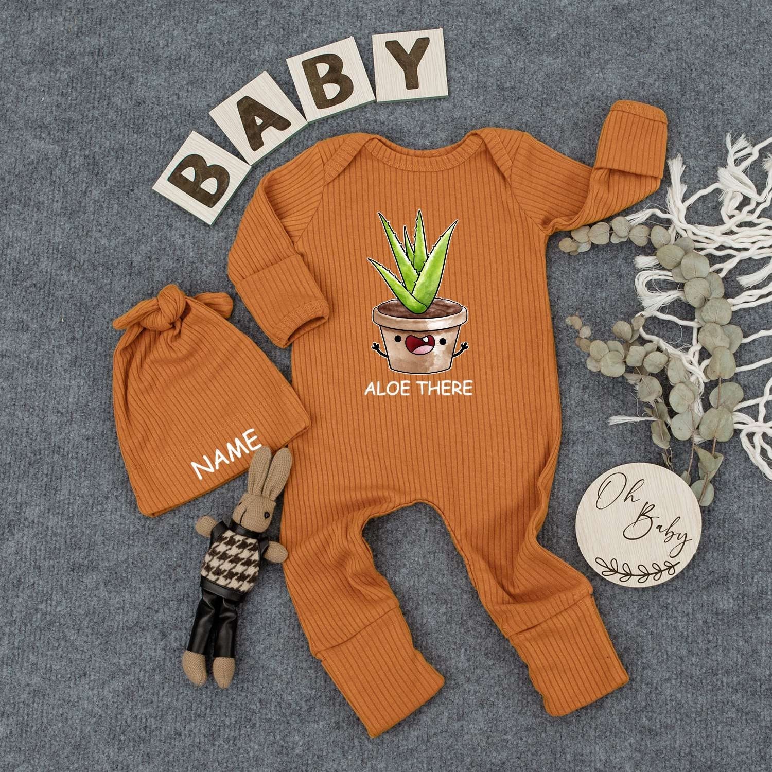 Personalized Aloe There Baby Bodysuit and Hat Set with Cute Smiling Potted Plant Custom Name Newborn Coming Home Outfit New Mom Gift