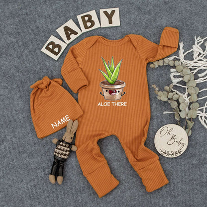 Personalized Aloe There Baby Bodysuit and Hat Set with Cute Smiling Potted Plant Custom Name Newborn Coming Home Outfit New Mom Gift