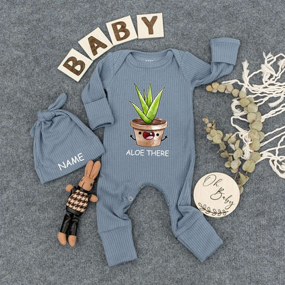 Personalized Aloe There Baby Bodysuit and Hat Set with Cute Smiling Potted Plant Custom Name Newborn Coming Home Outfit New Mom Gift
