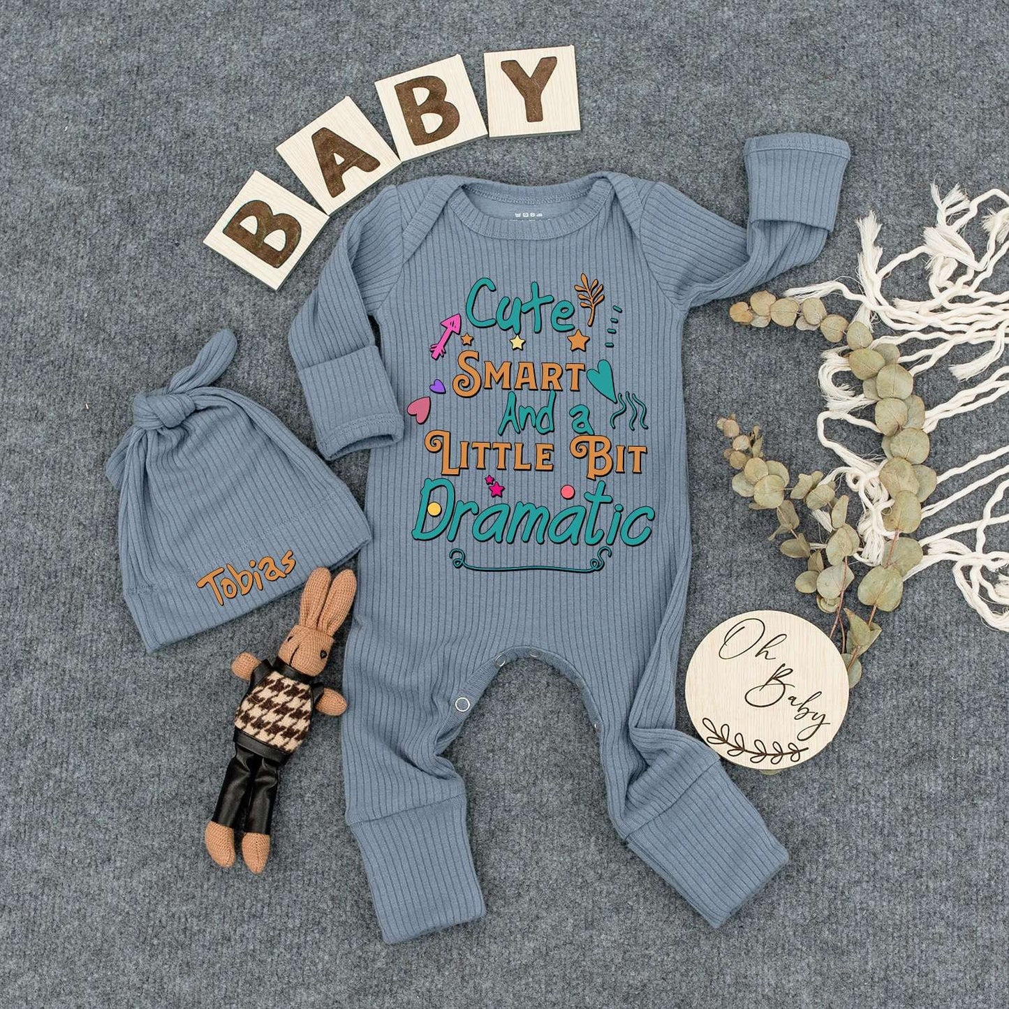 Cute Smart And a Little Bit Dramatic Custom Baby Bodysuit Hat Set Newborn Boy Outfit Colorful Whimsical New Mom Gift