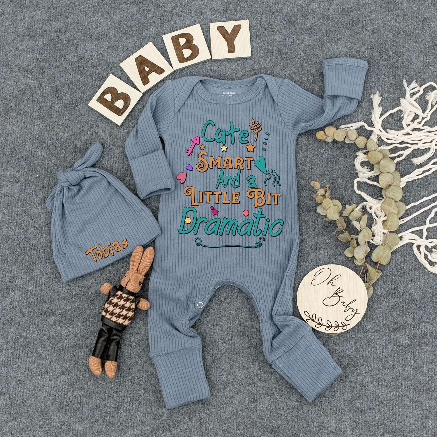 Cute Smart And a Little Bit Dramatic Custom Baby Bodysuit Hat Set Newborn Boy Outfit Colorful Whimsical New Mom Gift