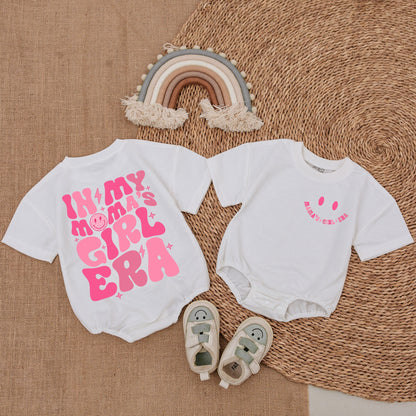 Pink Retro Mama's Girl Era Baby Girl Romper, Mommy and Me Vintage 70s Outfit with Smiley Face Lightning Star Accents Gift