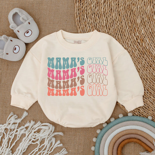 Mama's Girl Bubble Romper Baby Girl Newborn Outfit Retro Design with Teal Pink Brown Coral Colors Playful Vintage Style
