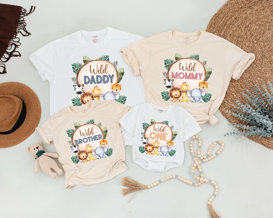 Personalized Wild One Safari Family Matching Birthday Shirts for Boys, Soft Cartoon Pastel Jungle Animal Family Outfit