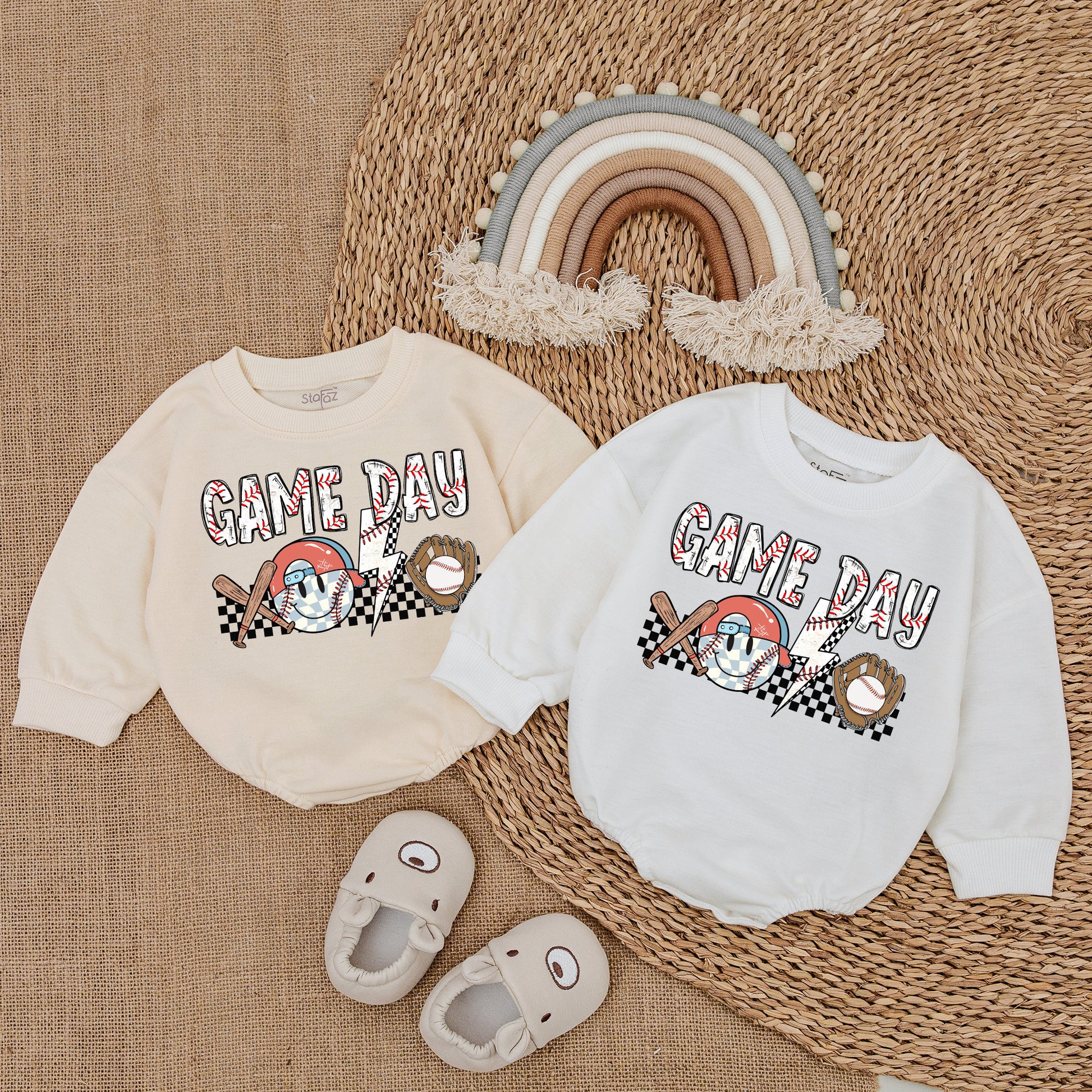 Game Day Baseball Baby Bubble Romper, Newborn Infant Bodysuit Outfit with Stitched GAME DAY Text & Vintage Style Graphics.