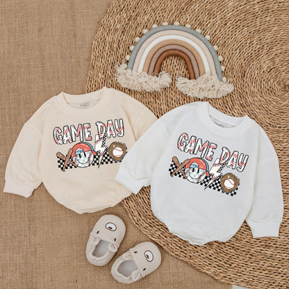 Game Day Baseball Baby Bubble Romper, Newborn Infant Bodysuit Outfit with Stitched GAME DAY Text & Vintage Style Graphics.