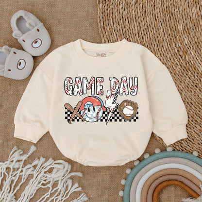 Game Day Baseball Baby Bubble Romper, Newborn Infant Bodysuit Outfit with Stitched GAME DAY Text & Vintage Style Graphics.