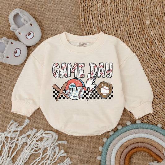 Game Day Baseball Baby Bubble Romper, Newborn Infant Bodysuit Outfit with Stitched GAME DAY Text & Vintage Style Graphics.