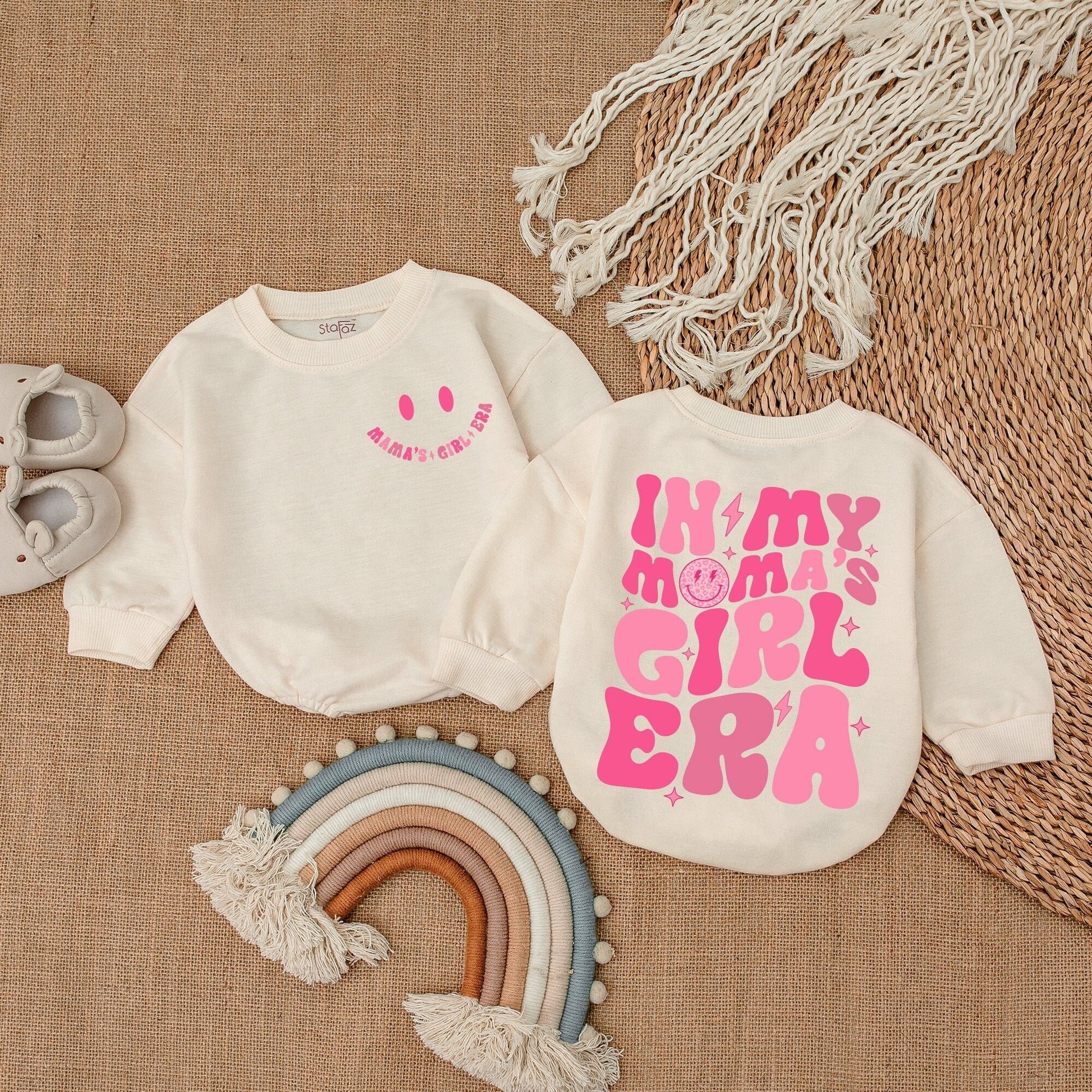 Mama's Girl Era Romper Baby Girl Outfit with Pink Retro Design, Smiling Face, Star Graphics, Baby Shower Gift