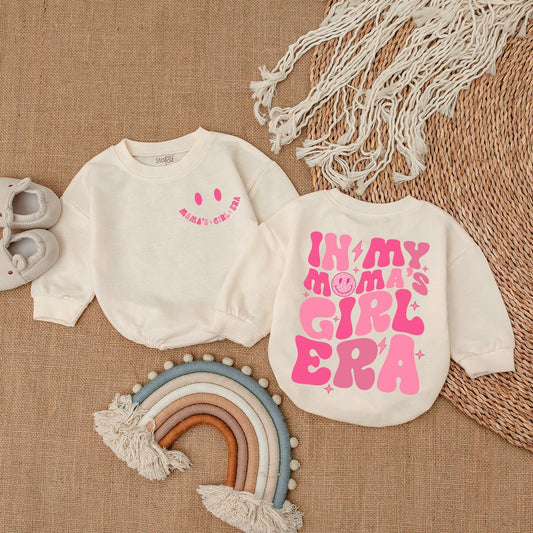 Mama's Girl Era Romper Baby Girl Outfit with Pink Retro Design, Smiling Face, Star Graphics, Baby Shower Gift
