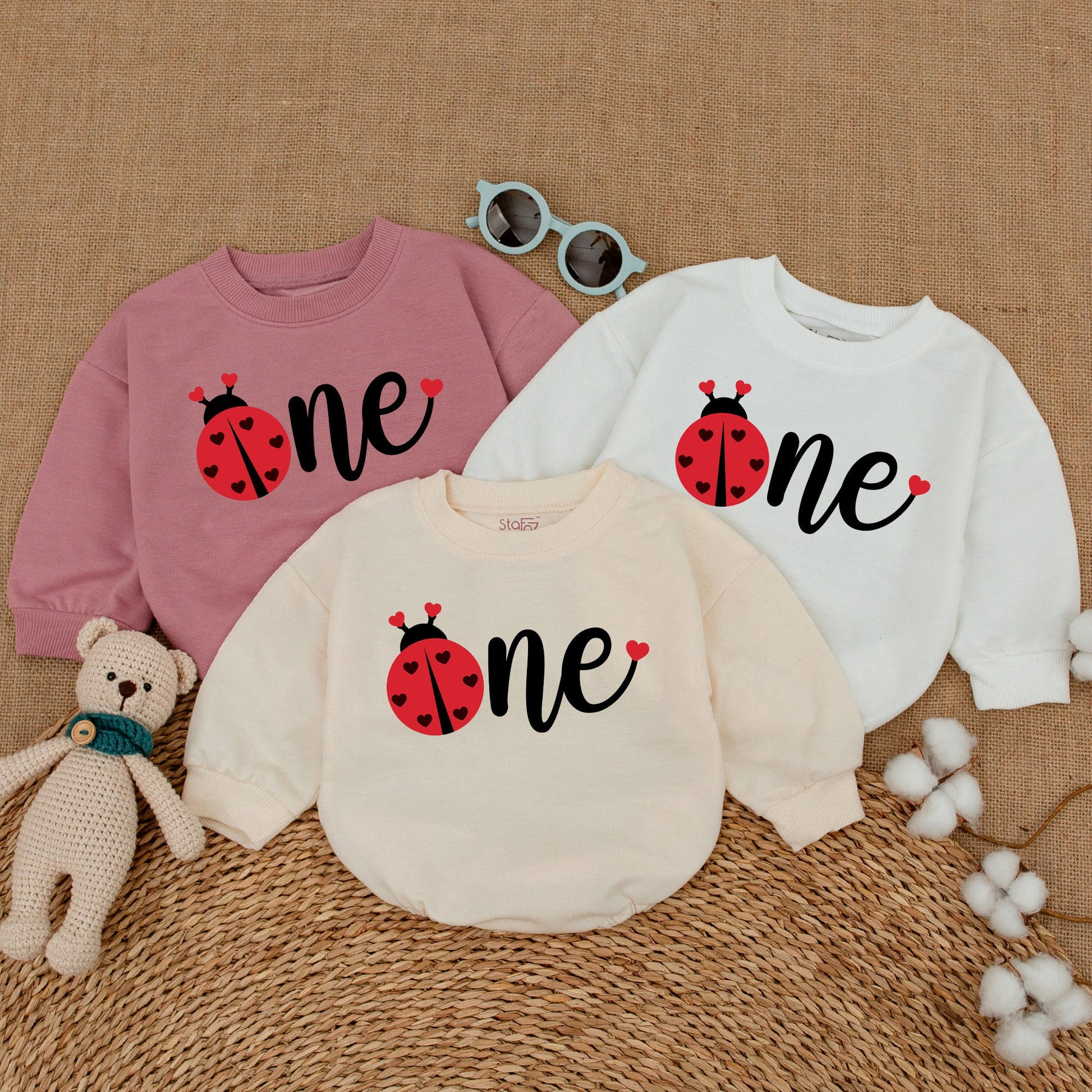 Baby Girl Cute Red Ladybug One First Birthday Romper Bodysuit Outfit with Black Hearts Design Comfortable Soft Sweatshirt Style