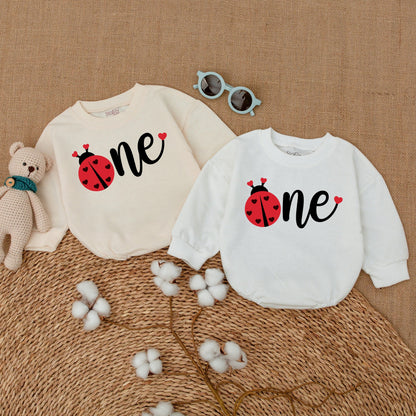 Baby Girl Cute Red Ladybug One First Birthday Romper Bodysuit Outfit with Black Hearts Design Comfortable Soft Sweatshirt Style
