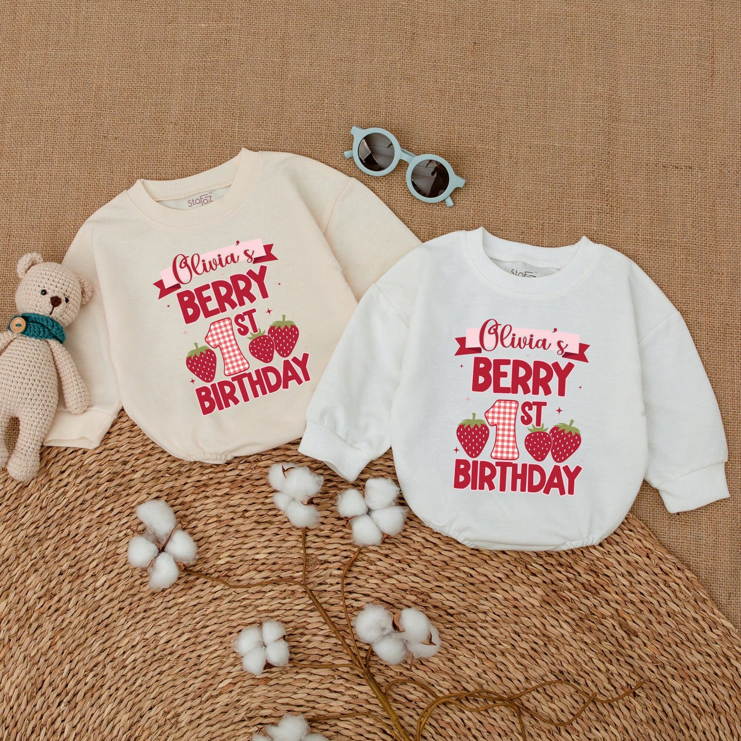 Personalized Berry 1st Birthday Romper for Baby Girl with Strawberry Gingham Design Bubble Bodysuit Smash Cake Outfit Shower Gift