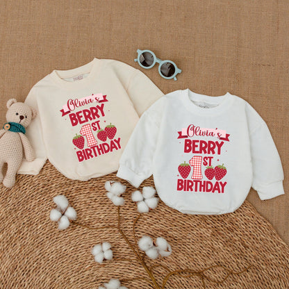 Personalized Berry 1st Birthday Romper for Baby Girl with Strawberry Gingham Design Bubble Bodysuit Smash Cake Outfit Shower Gift