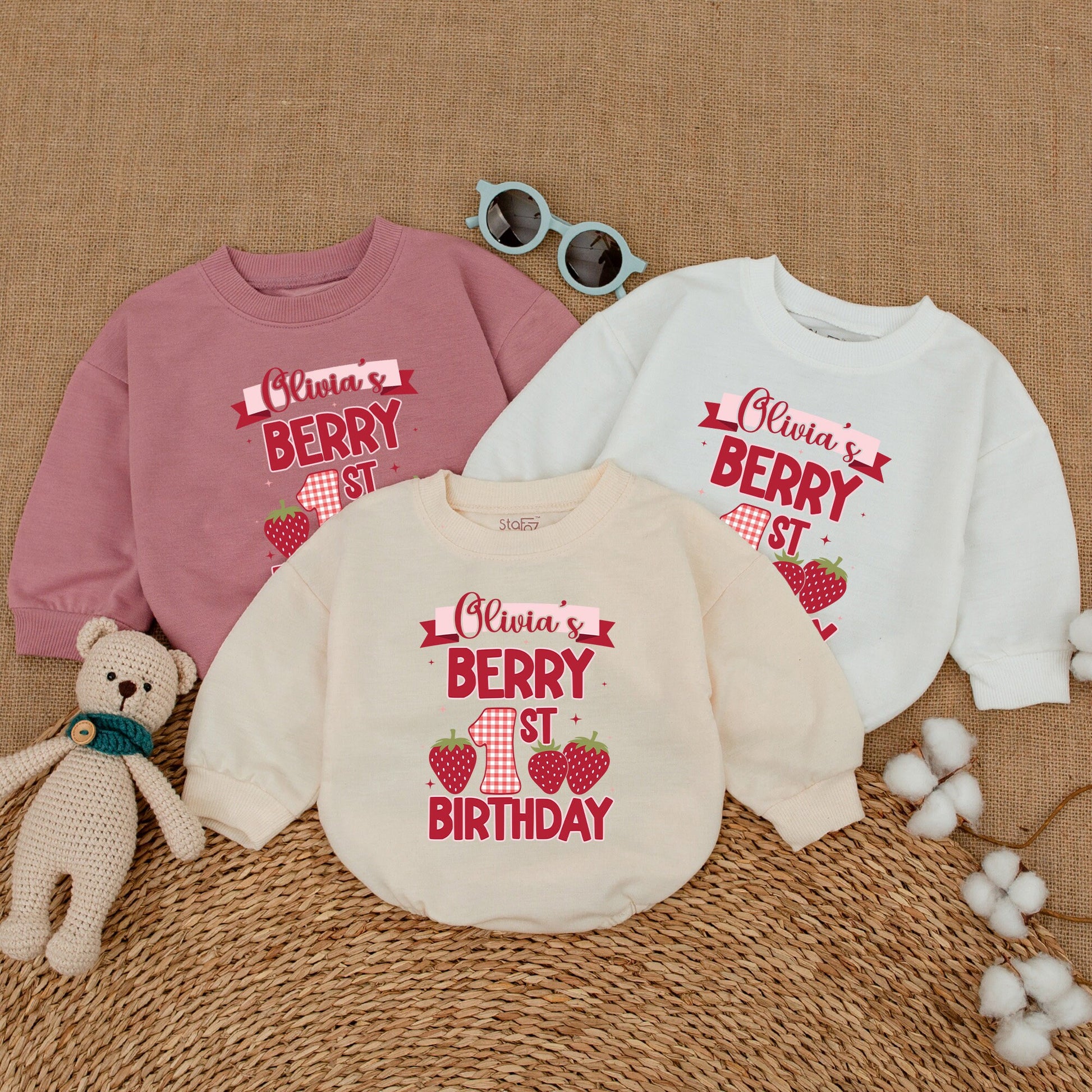 Personalized Berry 1st Birthday Romper for Baby Girl with Strawberry Gingham Design Bubble Bodysuit Smash Cake Outfit Shower Gift
