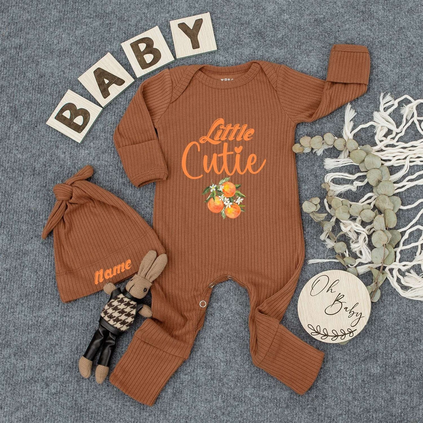 Personalized Little Cutie Orange Fruit Baby Bodysuit and Hat Set Sweet Newborn Gift Going Home Outfit Cheerful Whimsical Keepsake