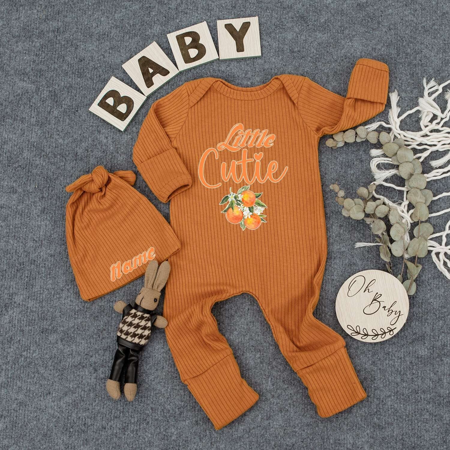 Personalized Little Cutie Orange Fruit Baby Bodysuit and Hat Set Sweet Newborn Gift Going Home Outfit Cheerful Whimsical Keepsake
