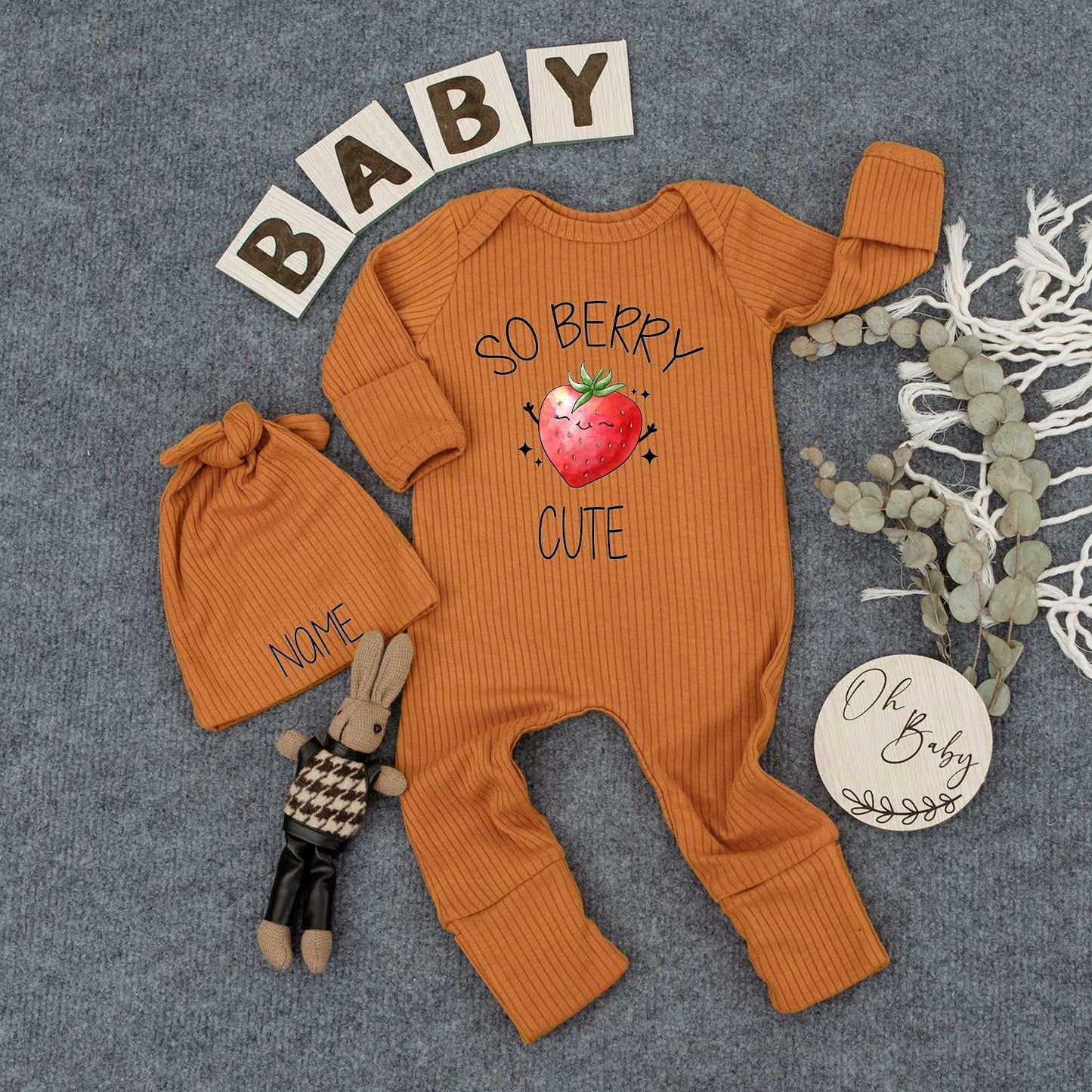 Personalized So Berry Cute Baby Bodysuit and Hat Set with Smiling Strawberry Design Whimsical Fruit Newborn Outfit New Mom Gift Romper
