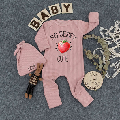Personalized So Berry Cute Baby Bodysuit and Hat Set with Smiling Strawberry Design Whimsical Fruit Newborn Outfit New Mom Gift Romper
