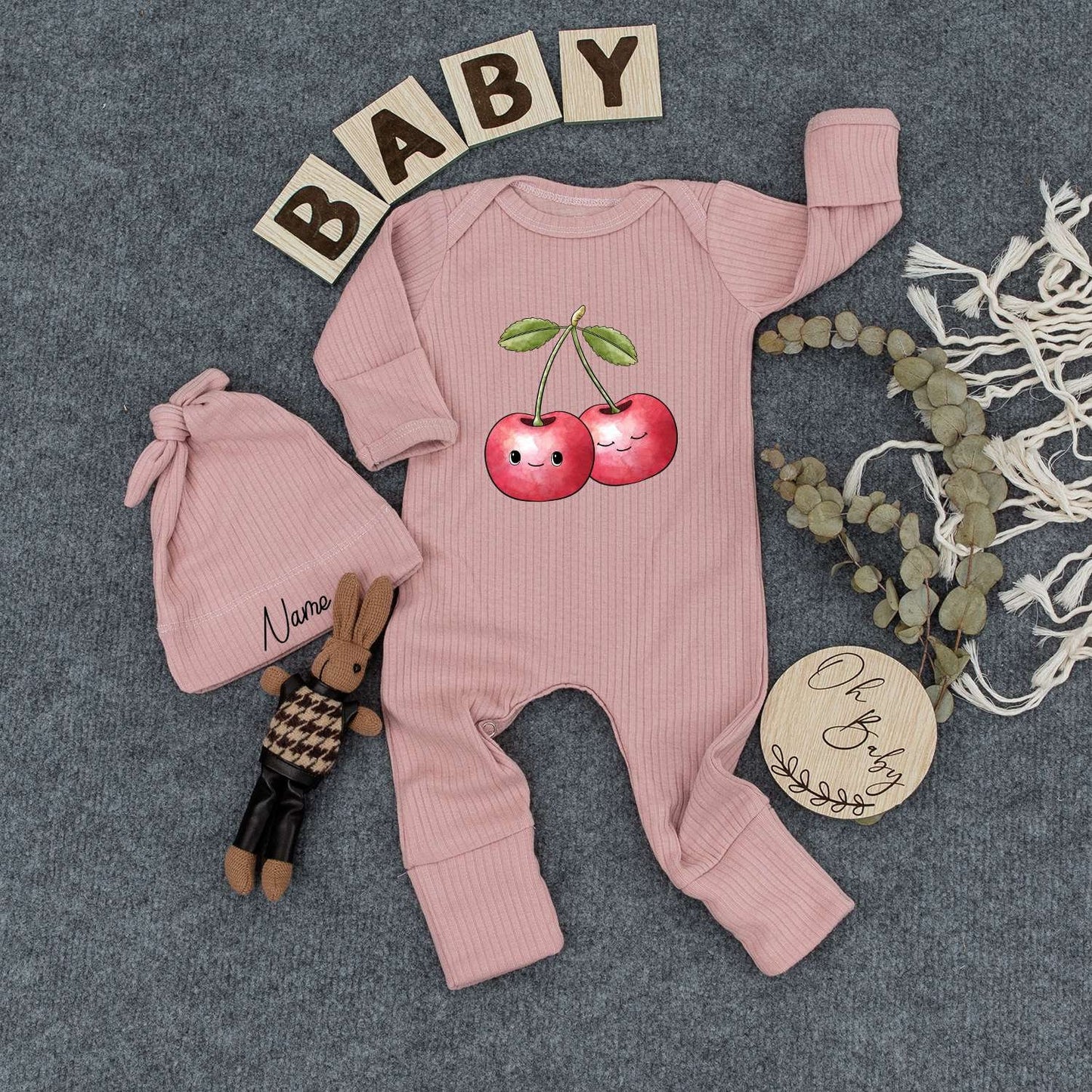 Personalized Cute Cherry Baby Romper and Hat Set Vibrant Fruit Design Newborn Outfit Custom Name Sleepsuit Boho Summer Clothes New Mom Gift