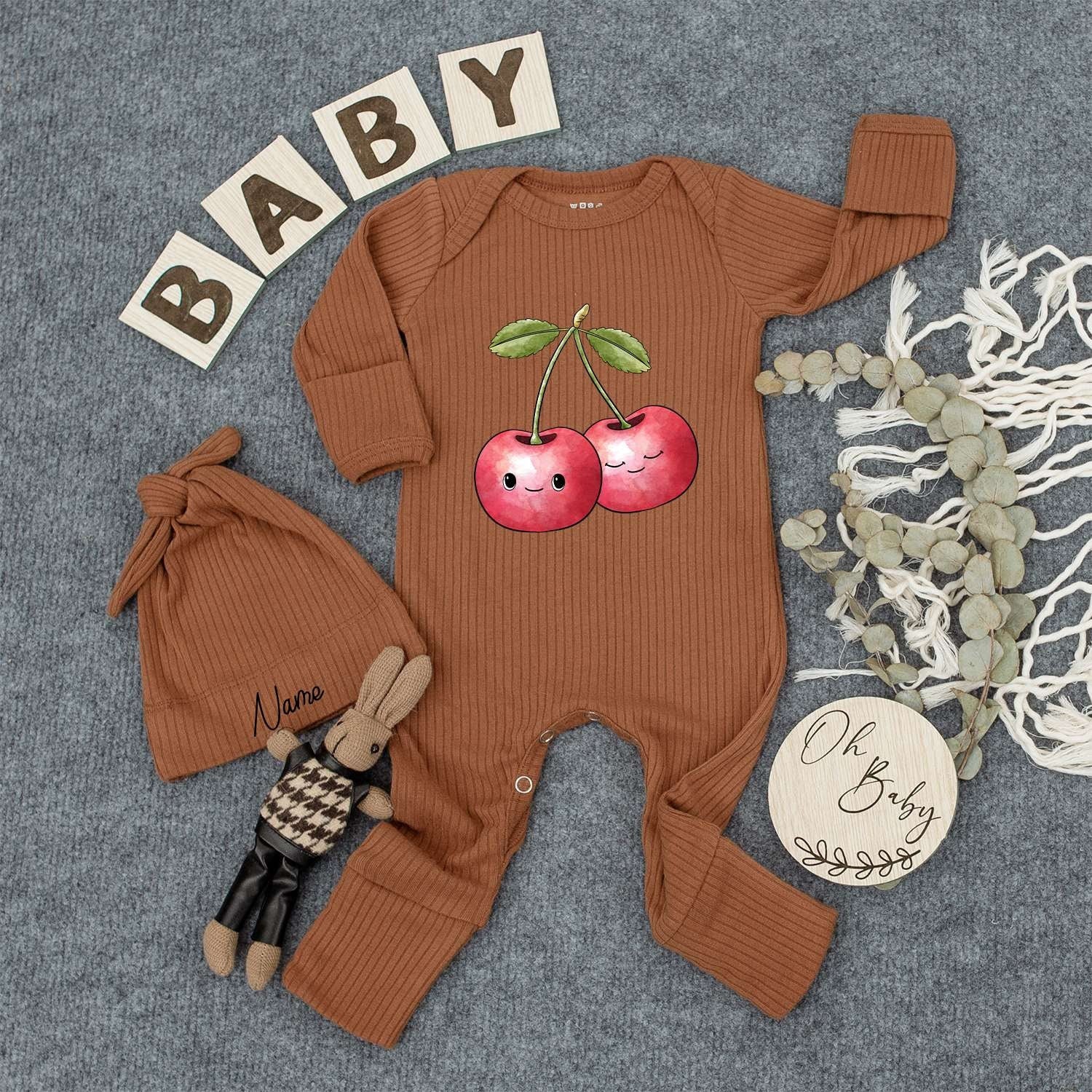 Personalized Cute Cherry Baby Romper and Hat Set Vibrant Fruit Design Newborn Outfit Custom Name Sleepsuit Boho Summer Clothes New Mom Gift