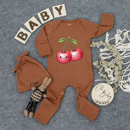 Personalized Cute Cherry Baby Romper and Hat Set Vibrant Fruit Design Newborn Outfit Custom Name Sleepsuit Boho Summer Clothes New Mom Gift