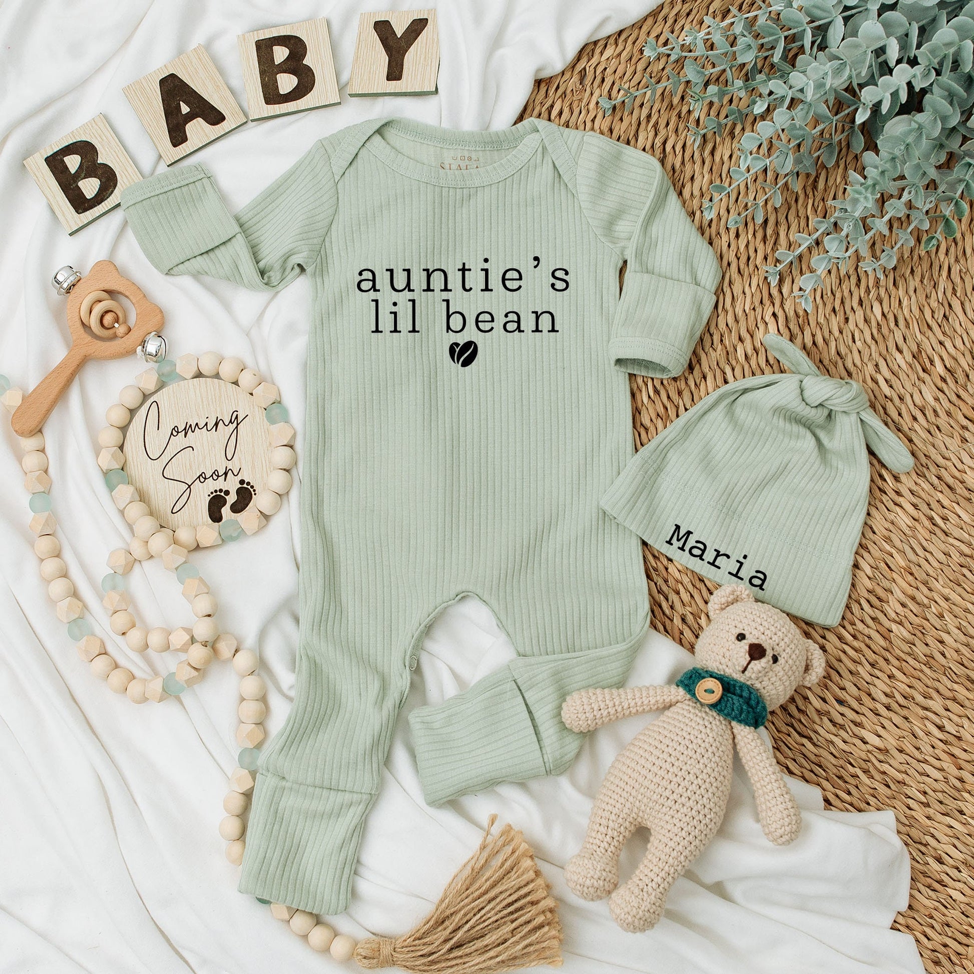 Auntie's Lil Bean Coffee Baby Bodysuit Hat Set Newborn Maria Design Long Sleeve Coming Home Outfit Baby Shower Gift