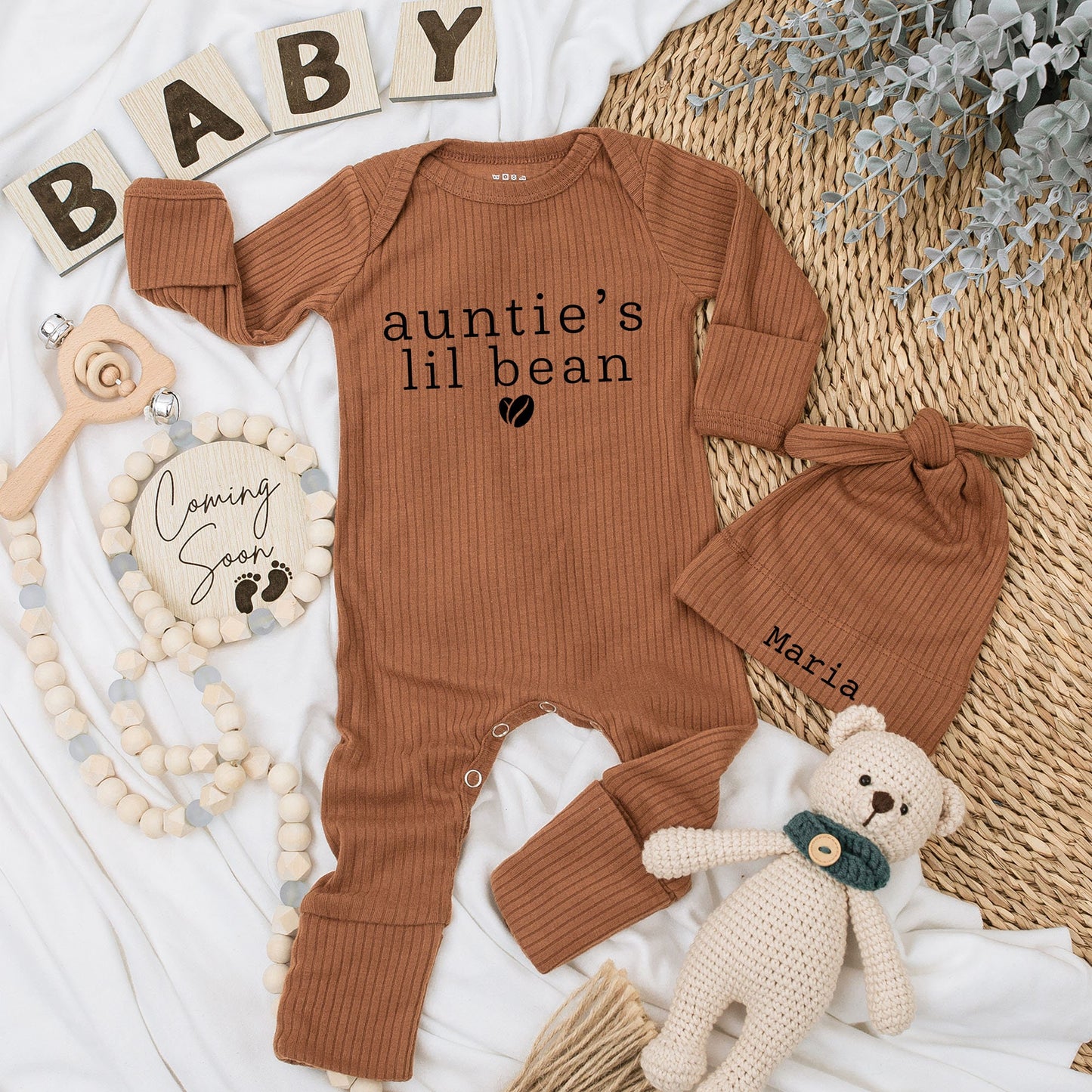 Auntie's Lil Bean Coffee Baby Bodysuit Hat Set Newborn Maria Design Long Sleeve Coming Home Outfit Baby Shower Gift