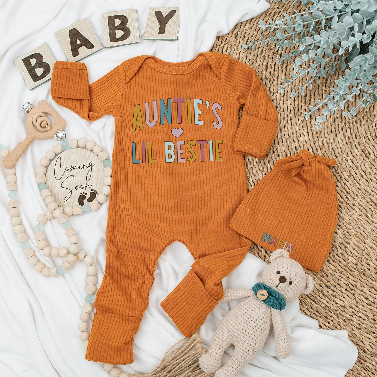 Personalized Auntie's Lil Bestie Baby Bodysuit & Hat Set Newborn Gift Coming Home Outfit Retro Muted Gold Pink Blue Heart Design Long Sleeve