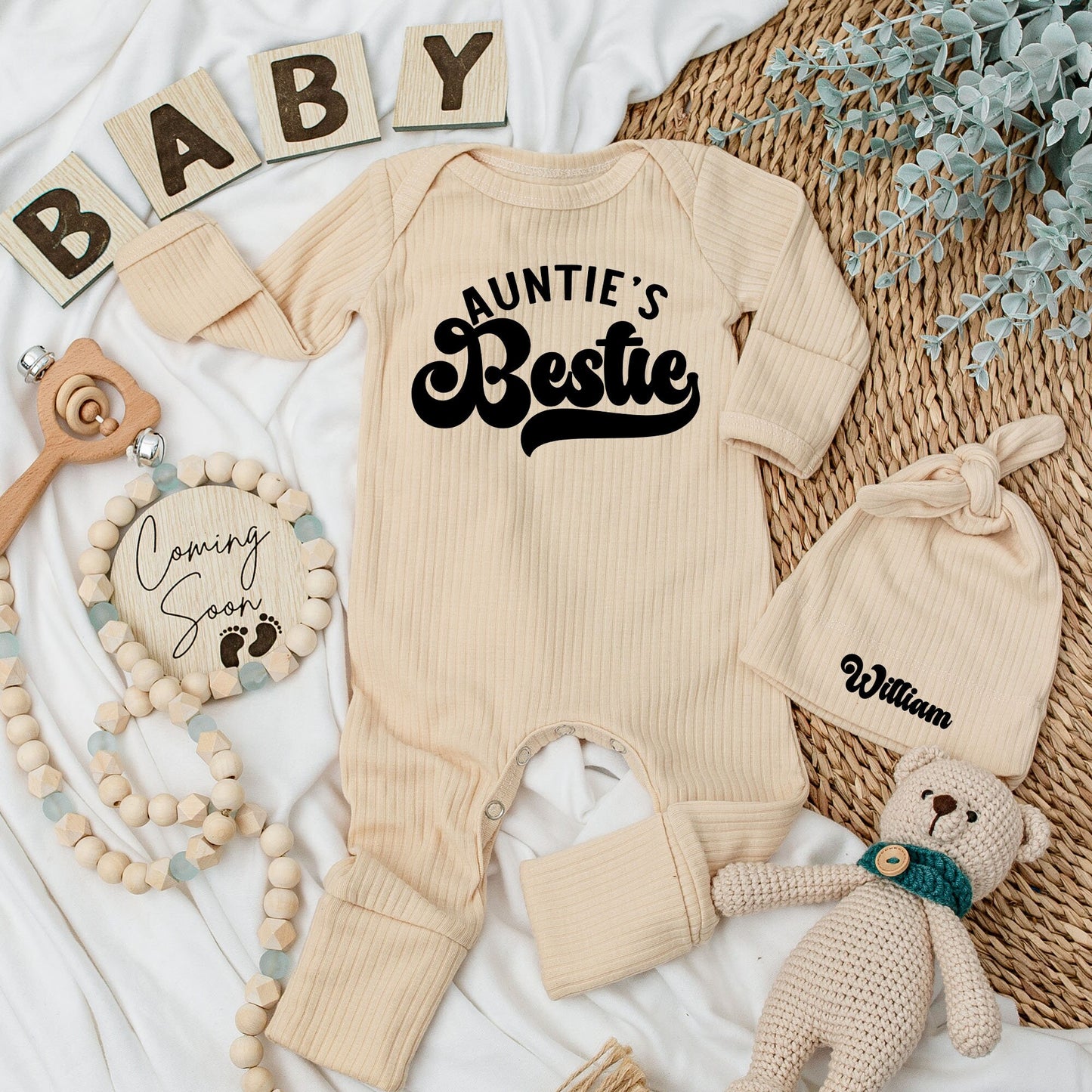 Personalized Auntie's Bestie Retro Baby Bodysuit Hat Set William Newborn Gift Shower Coming Home Long Sleeve Outfit