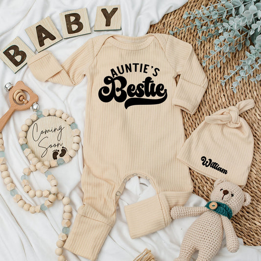 Personalized Auntie's Bestie Retro Baby Bodysuit Hat Set William Newborn Gift Shower Coming Home Long Sleeve Outfit
