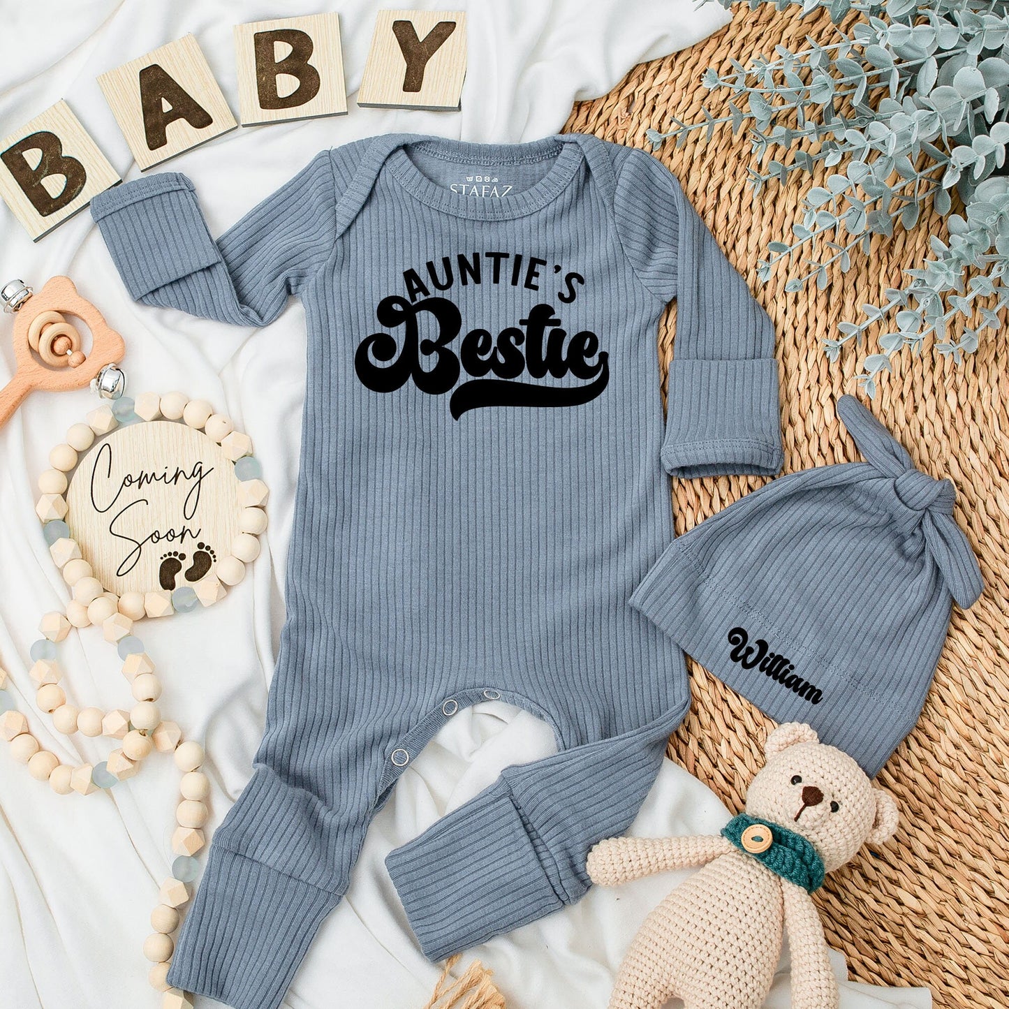 Personalized Auntie's Bestie Retro Baby Bodysuit Hat Set William Newborn Gift Shower Coming Home Long Sleeve Outfit