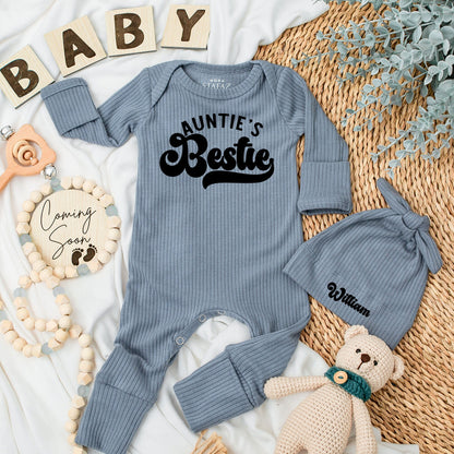 Personalized Auntie's Bestie Retro Baby Bodysuit Hat Set William Newborn Gift Shower Coming Home Long Sleeve Outfit
