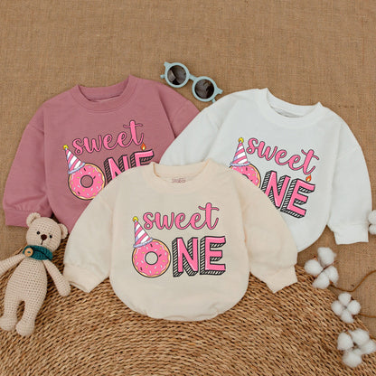 Sweet One Donut First Birthday Girl Romper Bodysuit Whimsical Pink Outfit Smash Cake Party Celebration Bubble Romper Baby Shower Gift