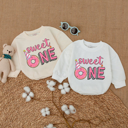 Sweet One Donut First Birthday Girl Romper Bodysuit Whimsical Pink Outfit Smash Cake Party Celebration Bubble Romper Baby Shower Gift