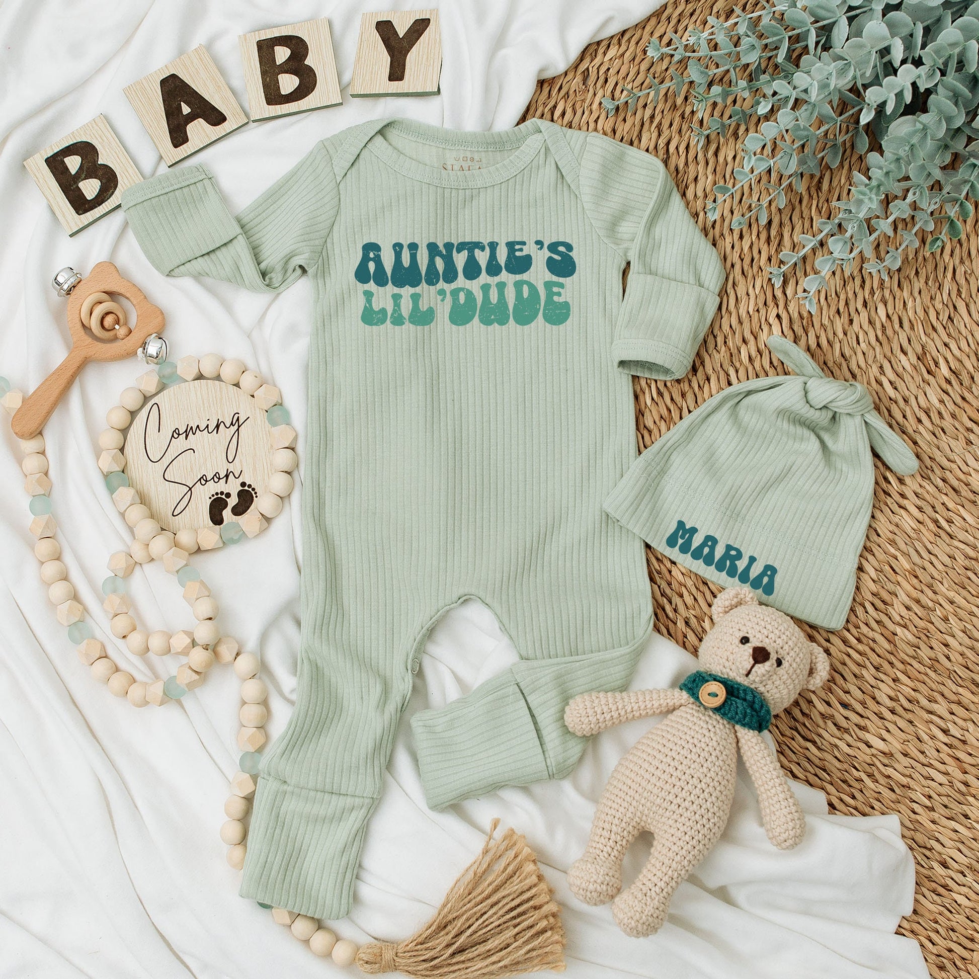 Personalized Auntie's Lil'Dude Baby Long Sleeve Bodysuit & Hat Set Retro 70s Design Teal Green Groovy Newborn Coming Home Outfit Baby Shower Gift