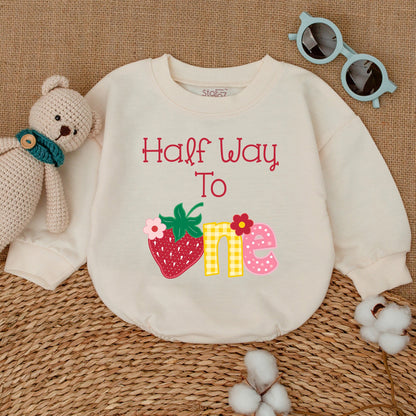 Strawberry Half Way To One Baby Romper Whimsical Six Month 1/2 Birthday Bodysuit Cheerful Red Strawberry Gingham Polka Dot Girls Celebration Outfit Baby Shower Gift