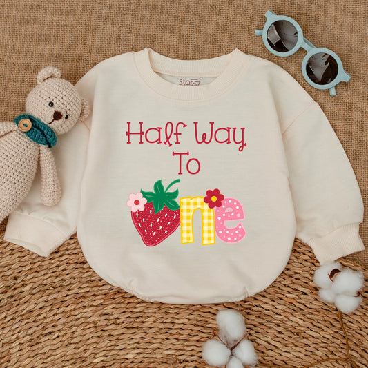 Strawberry Half Way To One Baby Romper Whimsical Six Month 1/2 Birthday Bodysuit Cheerful Red Strawberry Gingham Polka Dot Girls Celebration Outfit Baby Shower Gift