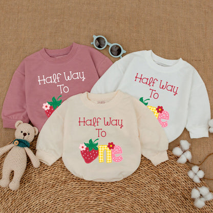Strawberry Half Way To One Baby Romper Whimsical Six Month 1/2 Birthday Bodysuit Cheerful Red Strawberry Gingham Polka Dot Girls Celebration Outfit Baby Shower Gift