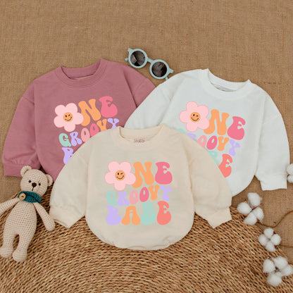 Personalized Groovy Babe 1st Birthday Romper Baby Girl Retro Pastel Flower Smash Cake Bodysuit Custom Name Vintage Style Baby Shower Gift