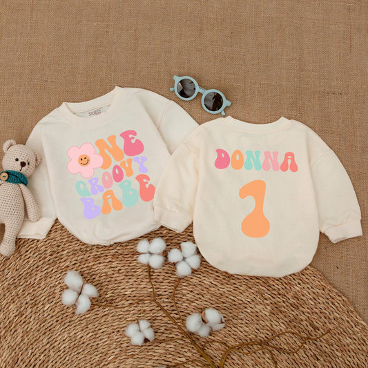 Personalized Groovy Babe 1st Birthday Romper Baby Girl Retro Pastel Flower Smash Cake Bodysuit Custom Name Vintage Style Baby Shower Gift