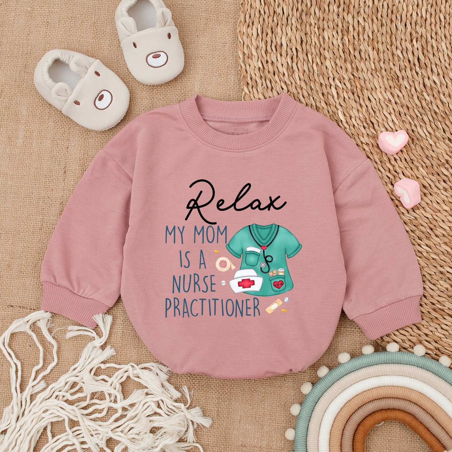 Relax My Mom Is A Nurse Practitioner Baby Romper with Whimsical Scrub Design perfect new baby shower gift for comfortable infant clothing